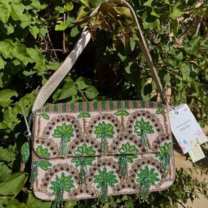 NWT Palm Tree Tassels Striped Green Pink Gold Beaded Bag Made in India Brand New